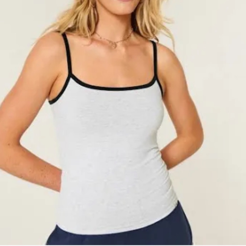 Subdued Sleeveless Gray Tank Top Navy Blue Trim Spaghetti Straps Casual StretchM